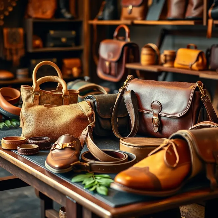 Various types of deri products including bags, belts, and shoes displayed on a wooden table