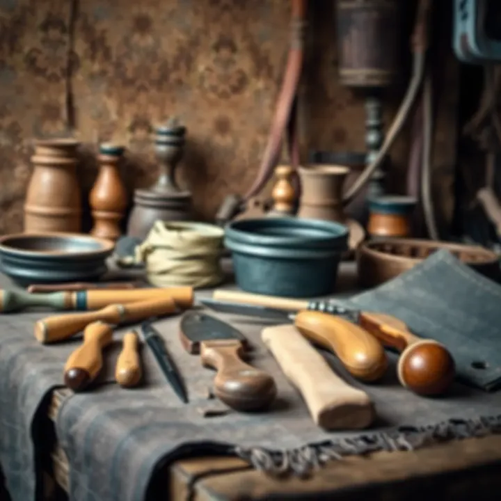 Traditional leather crafting tools and materials arranged on a rustic workspace