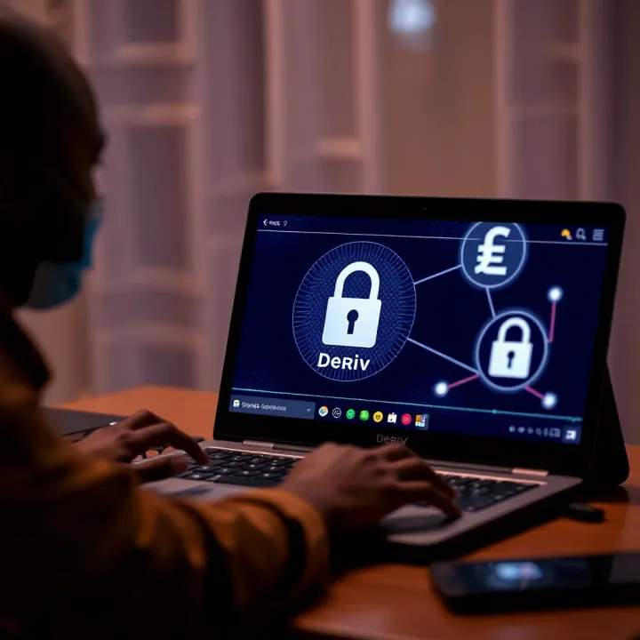 Kenyan trader using laptop to access Deriv account with currency symbols and secure connection icons
