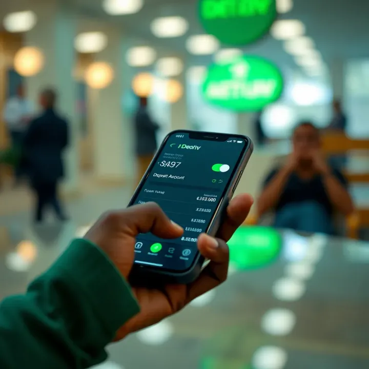 Mobile phone displaying Mpesa app with Deriv trading account deposit interface