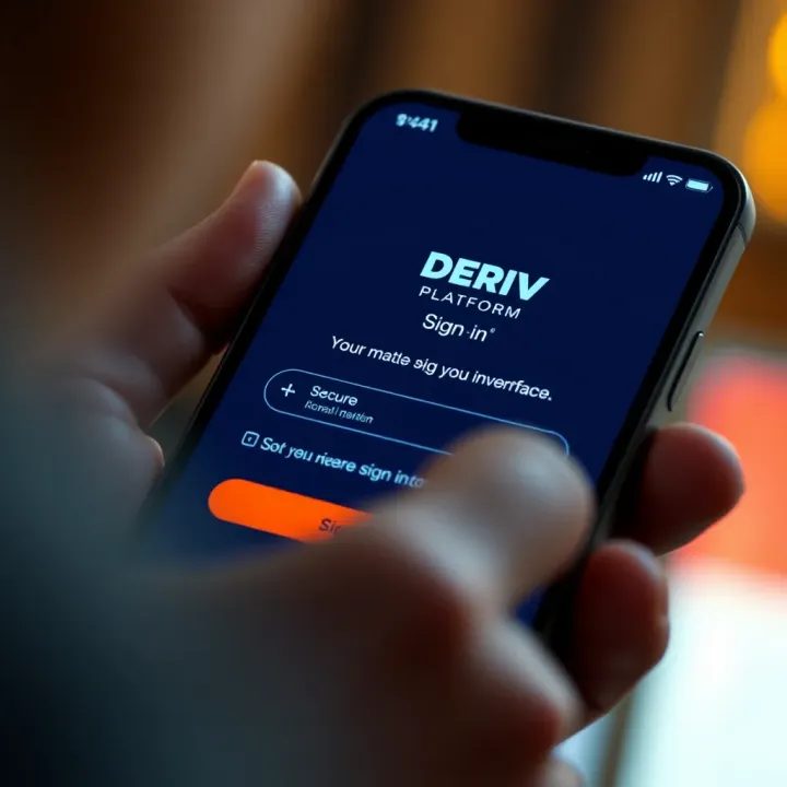 DERIV Platform Sign-In Interface on Mobile Device Secure login screen featuring a smartphone displaying the DERIV platform sign-in interface