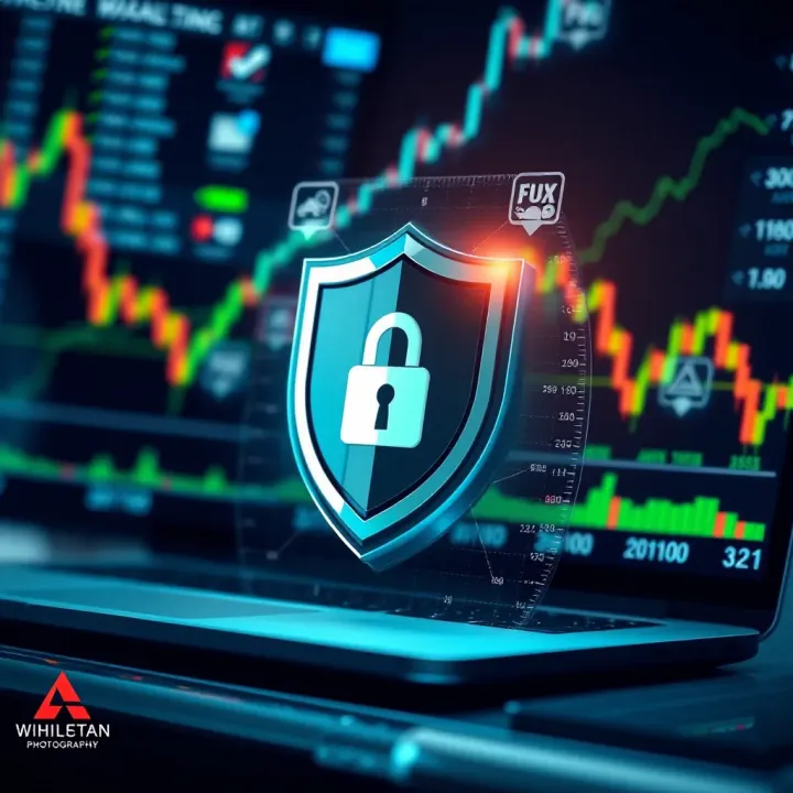 Illustration of secure online trading platform with shield and digital security icons