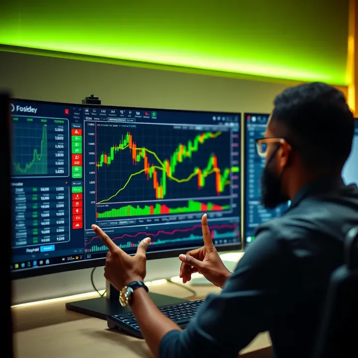 Trader analyzing forex charts on a computer screen with simulated trading interface
