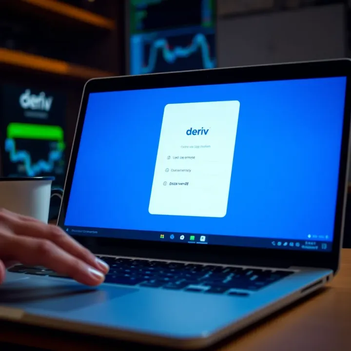 User interface displaying the Deriv login screen on a laptop showing username and password fields