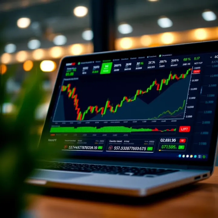 Digital interface showing various financial charts and trading options on a laptop screen