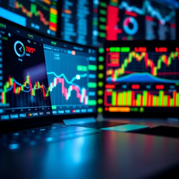 Digital interface displaying various financial charts and trading data