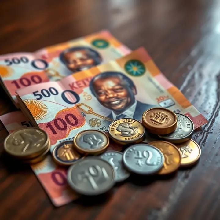 Close-up of Kenyan currency notes and coins arranged on a wooden surface
