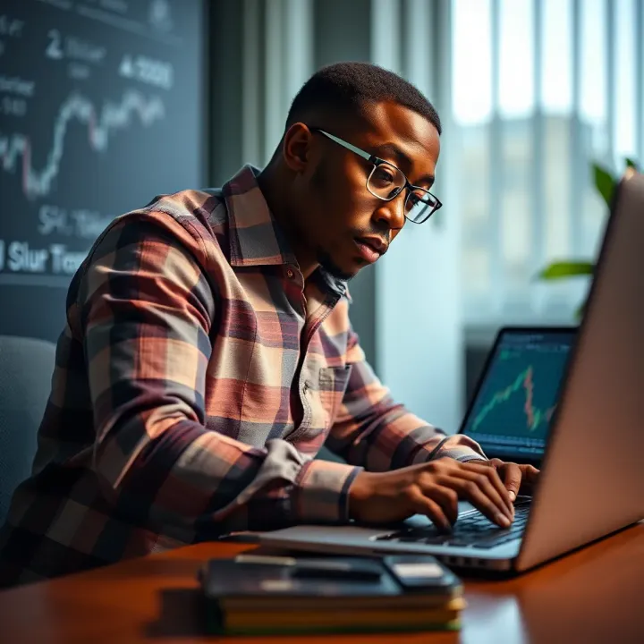 Illustration of a Kenyan investor reviewing market charts on a laptop