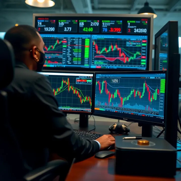Automated trading system analyzing financial market charts on multiple computer screens