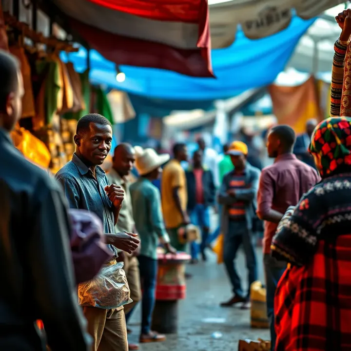 Market scene in Kenya with traders engaging in vibrant exchange reflecting dynamic market trust