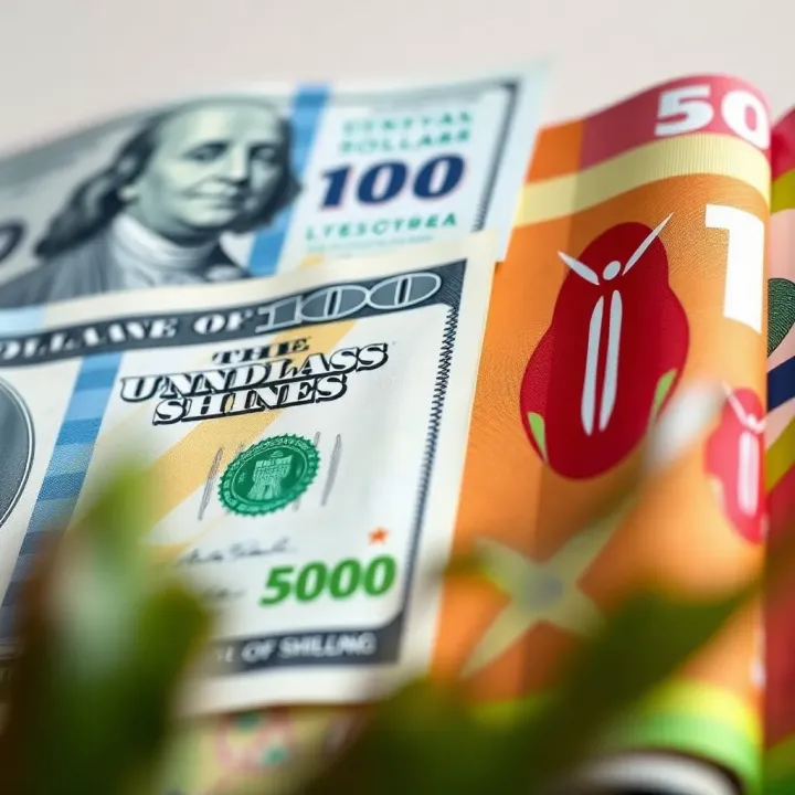 Close-up view of US dollar and Kenyan shilling banknotes side by side